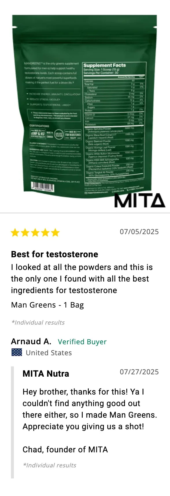 Arnaud A., verified buyer: the only powder with all the best ingredients for testosterone.