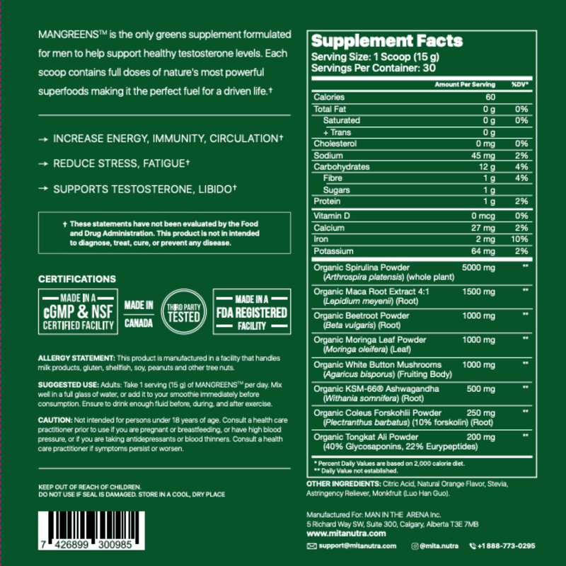 Man Greens nutrition label