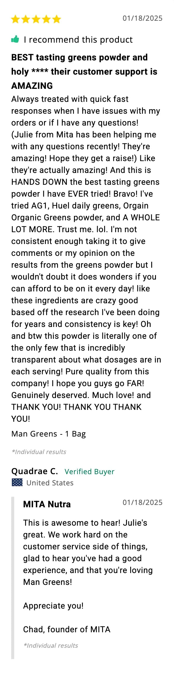 Quadrae C., verified buyer: best tasting greens powder, after trying AG1, Huel, Organifi and more.