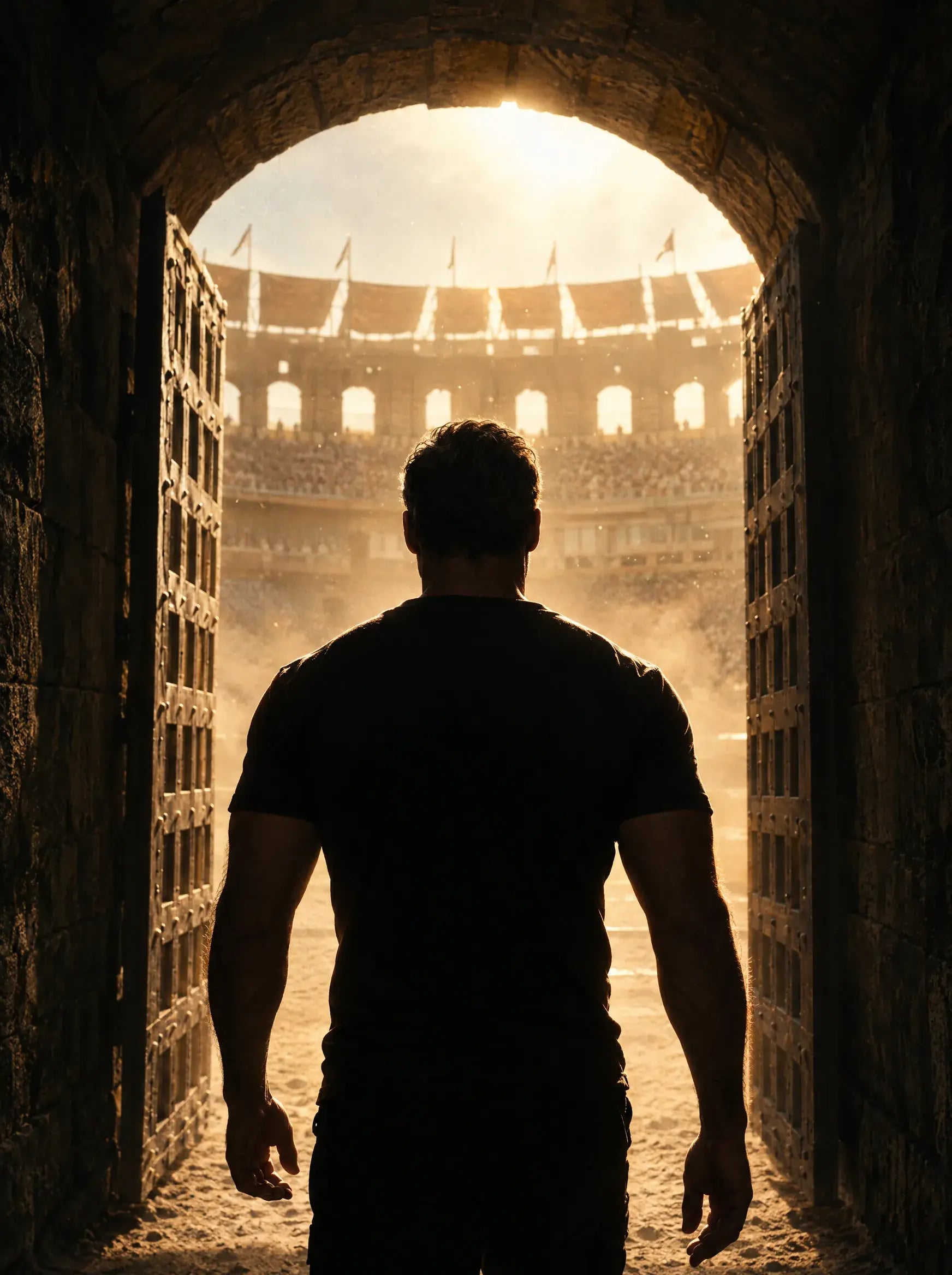 A man in a black t-shirt walking out of a stone tunnel into a sunlit arena